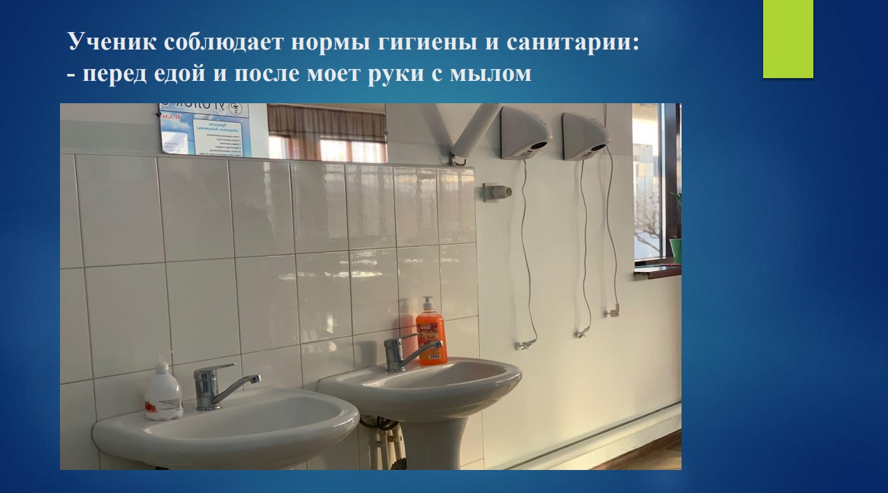 Ученик соблюдает нормы гигиены и санитарии: - перед едой и после моет руки с мылом Ученик соблюдает нормы гигиены и санитарии: - перед едой и после моет руки с мылом